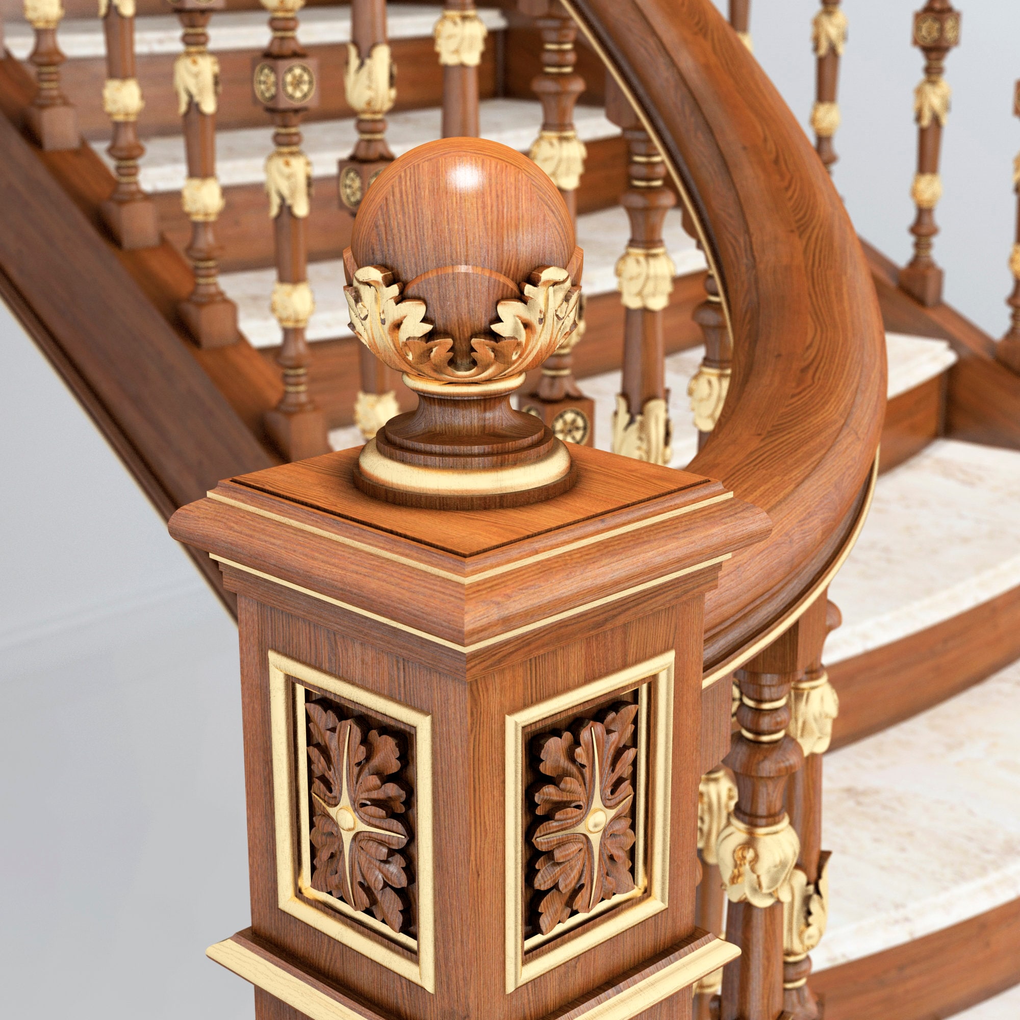 Decorative Globe Carved Wood Newel Post Cap - Stair Supplies (set