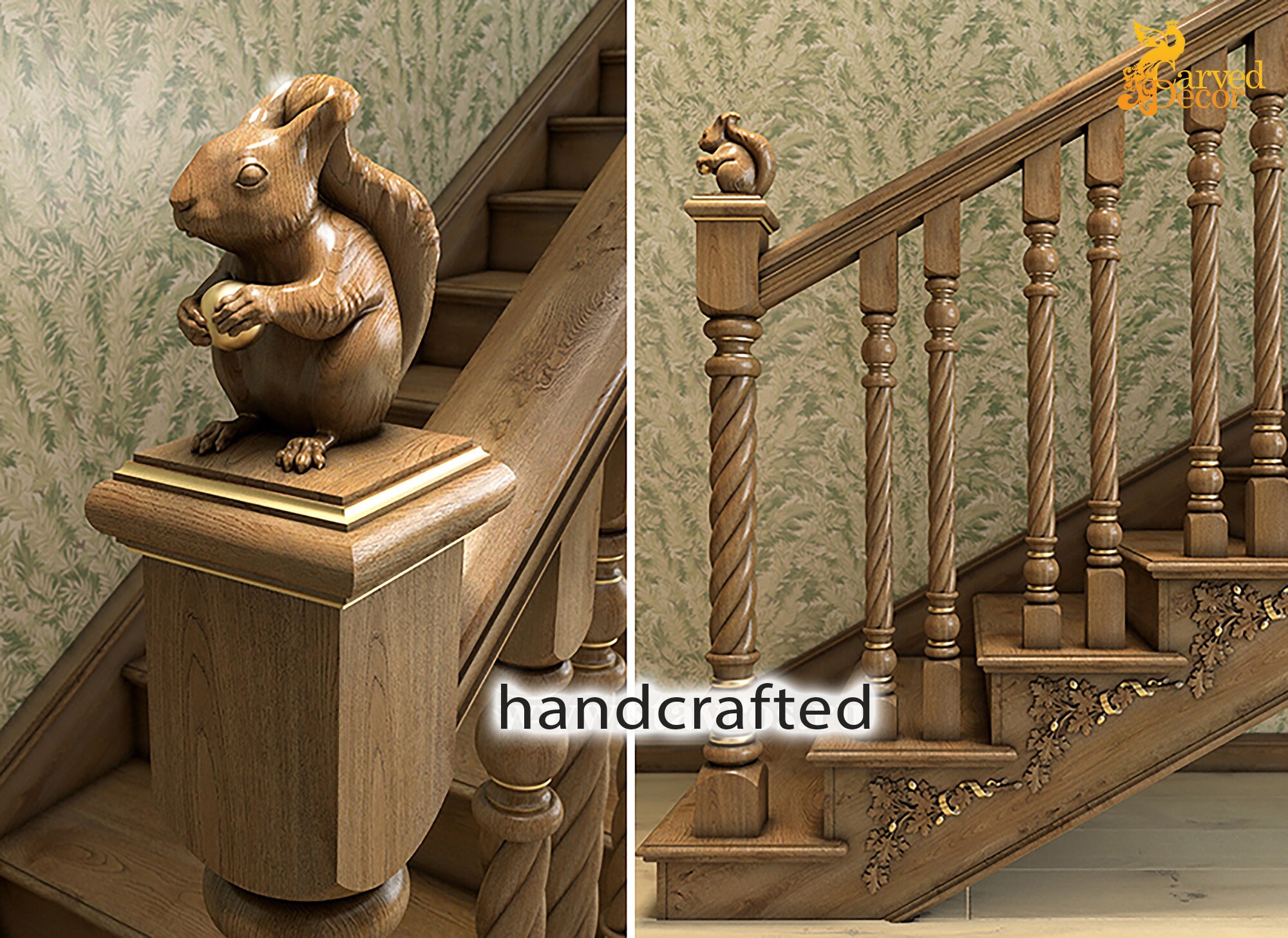 Decorative Carved Wood Squirrel Newel Post Cap Etsy