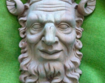 Carved wood face of Satyr - sculpture Faun Satan Wall Art Decor