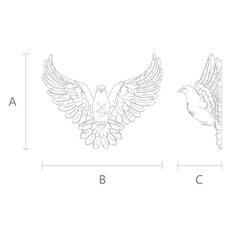 May include: Line drawing of a dove with outstretched wings, and a side view of a dove. The dove is detailed with feathers and is likely a decorative element. The image is in black and white.
