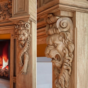 Lion Corbels (2 pc.) Carved from Natural Solid Oak, Lion Wood Brackets, Victorian wooden Fireplace Surround