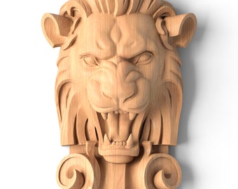 May include: A detailed wooden carving of a lion's head, showcasing an open mouth with visible teeth and a fierce expression. The carving features intricate details in the mane and facial features, with a light brown color.
