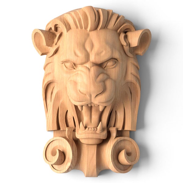 Lion head pediment applique, Carved Wood Face, Wood Carving Wall Art