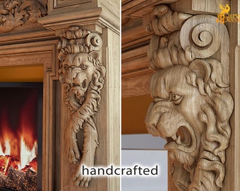 Pair Corbels Carved Wood Lion, Victorian Fireplace Surround, Architectural wood carvings