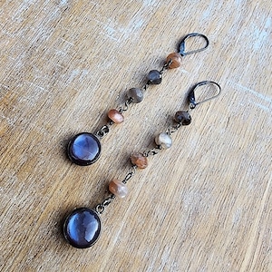 Chocolate Moonstone Earrings, Long Moonstone Gemstone Earrings, Oxidized Sterling Silver Moonstone Lever Back Earrings, Statement Earrings