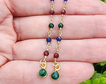 Ruby Emerald Sapphire Gemstone Earrings Gold, Colorful Long Pink Green Blue Gemstone Earrings, 3 Inch Earrings, Dainty Birthstone Earrings