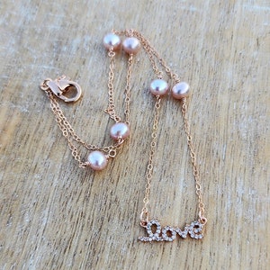Rose Gold Love Pendant Pearl Necklace, Script Love, Cursive Love, Cubic Zirconia Love, Minimalist Necklace, Dainty Rose Gold Love Necklace