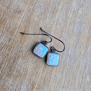 Square Freshwater Pearl Dangle Earrings, Oxidized Sterling Silver Earrings, Small Freshwater Pearl Earrings, Real Genuine Pearl Earrings