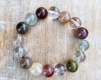 Quartz Lodolite Gemstone Beaded Bracelet, Earthy Bracelet, 13mm Bracelet, Stretch Bracelet, Everyday Bracelet, Phantom Quartz, Garden Quartz