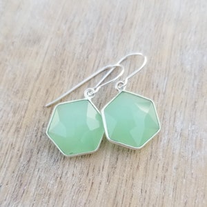 Prehnite Gemstone Earrings Sterling Silver, Light Green Earrings, Hexagon Earrings, Geometric Earrings, Spring Earrings, Summer Earrings