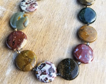 25.5 Inches Spider Web Jasper Cherry Creek Jasper Rainbow Hematite Red Yellow and Blue Agate Beaded Primary Color Stone Necklace Rockinon