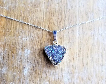 Sterling Silver Druzy Pendant Necklace, Triangle Druzy Pendant, 18 Inch Necklace Sterling Silver, Natural Druzy, White Druzy, Gray Druzy