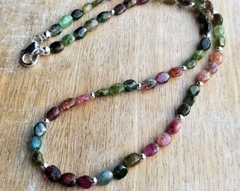 Tourmaline Gemstone Beaded Necklace Sterling Silver, Colorful Necklace, Layering Necklace, Watermelon Tourmaline, 17 Inch Dainty Necklace