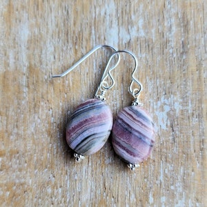 Natural Pink Rhodochrosite Gemstone Earrings, Pink Dangle Earrings Sterling Silver, Dainty Pink Earrings, Pink Oval Gemstone Earrings