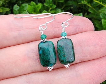 Chrysocolla Gemstone Dangle Earrings Sterling Silver, Small Dainty Rectangle Gemstone Earrings, Turquoise Earrings, Pretty Green Earrings