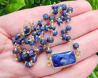 Sapphire Gemstone Choker Necklace Gold, Rectangle Blue Sapphire Gemstone Pendant, Dainty Blue Gemstone Layering Necklace, 16 Inch Necklace