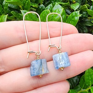 Blue Kyanite Gemstone Earrings Gold, Kyanite Jewelry, Blue Gemstone Dangle Earrings, Light Blue Square Gemstone Dangle, Kidney Wire Earrings
