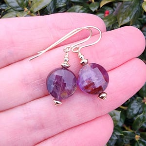 Super Seven Gemstone Earrings Gold, Pretty Purple Amethyst Cacoxenite Earrings, Small Coin Bead Gemstone Dangle Earrings, Dainty Earrings