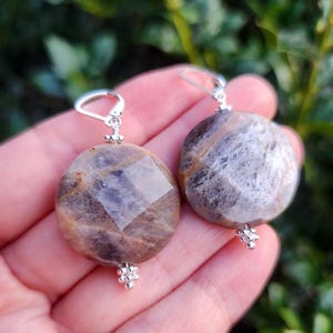 Black Moonstone Gemstone Earrings Sterling Silver, Black Gray Brown Gemstone Earrings, Large Round Circle Shape Gemstone Dangle Earrings