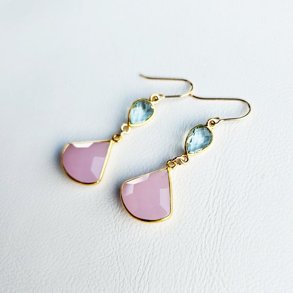 Aquamarine Gemstone Earrings Gold, Pink Chalcedony Gemstone Earrings, Pretty Blue and Pink Gemstone Dangle Earrings, Pink Teardrop Earrings