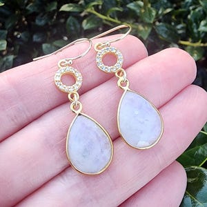 Rainbow Moonstone Earrings Gold, Cubic Zirconia Sparkly Moonstone Teardrop Dangle Earrings, Moonstone Jewelry, June Birthstone Earrings