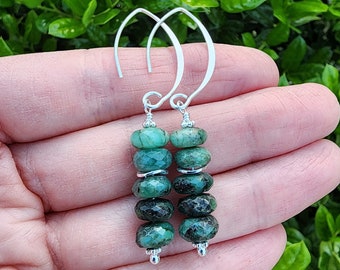 Emerald Gemstone Earrings Sterling Silver, Pretty Green Gemstone Earrings, Stacked Earrings, May Birthstone Earrings, Emerald Jewelry