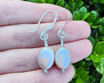 Mystic Peach Moonstone Dangle Earrings Sterling Silver, Small Oval Shape Gemstone Earrings, Peach Moonstone Jewelry, Everyday Earrings