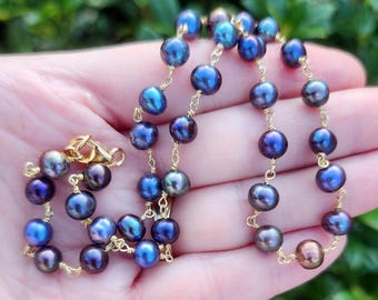 Peacock Pearl Choker Necklace: 14k Gold Filled, Wire Wrapped