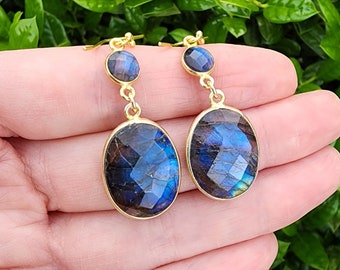 Labradorite Gemstone Dangle Earrings Gold, Flashy Blue Labradorite Gemstone Earrings, Two Stone Earrings, Oval Shape Gemstone Earrings Gold