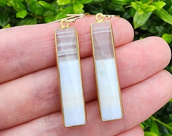 White Lace Agate Gemstone Earrings Gold, Rectangle Gemstone Earrings, Skinny Bar Earrings, 2 Inch Earrings, Sleek Modern Everyday Earrings