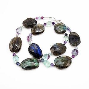 Labradorite and Fluorite Gemstone Necklace Sterling Silver, 17 Inch Necklace, Chunky Green and Blue Gemstone Necklace, Statement Necklace