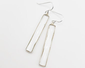 Clear Quartz Gemstone Earrings Sterling Silver, Rectangle Earrings, Skinny Quartz Bar Earrings, Everyday Earrings, Modern Quartz Earrings