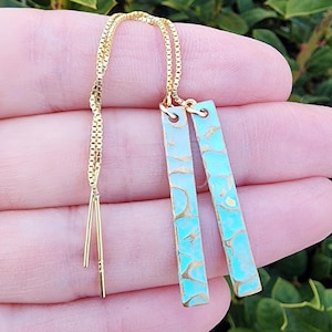 Rectangle Bar Patina Threader Earrings, Hammered Brass Skinny Rectangle Earrings, Light Green Turquoise Color Earrings, 4 Inch Earrings