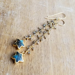 Labradorite Gemstone Star Shape Earrings Gold, Flashy Labradorite Earrings, 3 Inch Earrings, Celestial Earrings, Long Gemstone Earrings