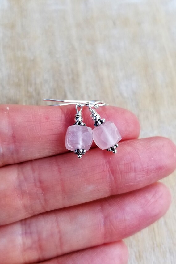 Rose Quartz Earrings Sterling Silver Cube Gemstone Earrings Small Dainty Rose Quartz Dangle Earrings Light Pink Gemstone Earrings Etsy