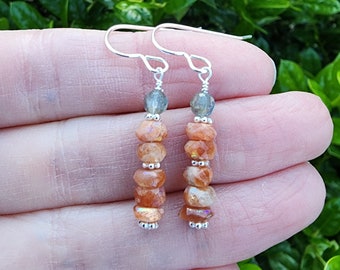 Mystic Sunstone Gemstone Earrings Sterling Silver, Labradorite Gemstone Earrings, Orange and Blue Earrings, Stacked Earrings, Dainty Earring