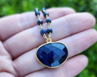 Blue Sapphire Gemstone Pendant Necklace Gold, Pretty Blue Sapphire Pendant, 18 Inch Necklace, September Birthstone, Beaded Sapphire Jewelry