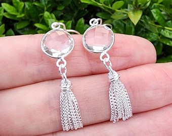 Clear Quartz Gemstone Earrings Sterling Silver, Small Circle Shape Gemstone Dangle Earrings, Sterling Silver Dainty Gemstone Tassel Earrings