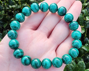 Genuine Malachite Gemstone Bracelet, Green Gemstone Beaded Bracelet, 10mm Stone Bracelet, Stretchy Bracelet, Dark Green Gemstone Bracelet