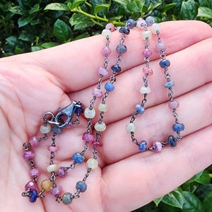 Sapphire Gemstone Necklace Oxidized Sterling Silver, Multi Color Sapphire Necklace, September Birthstone, Dainty 16 Inch Layering Necklace