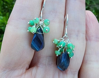 Green Opal Gemstone Cluster Earrings Sterling Silver, Green Opal and Labradorite Gemstone Earrings, Dainty Blue and Green Summer Earrings