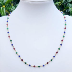 Ruby Emerald Sapphire Gemstone Choker Necklace Gold, Colorful Pink Green Blue Gemstone Necklace, 16 Inch Necklace, September Birthstone