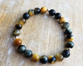 Blue Tiger Eye Bracelet, Tiger Eye Gemstone Stretch Bracelet Silver, 8mm Stretch Bracelet, Beaded Bracelet, Stacking Bracelet, Blue Bracelet