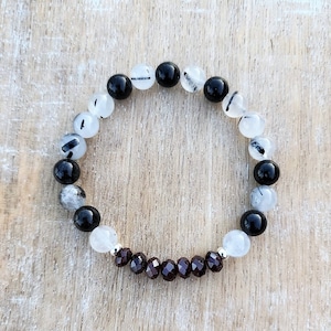 Rutilated Quartz Gemstone Beaded Bracelet, Garnet Gemstone Bracelet, Black Clear Red Bracelet, 8mm Gemstone Bracelet, January Birthstone