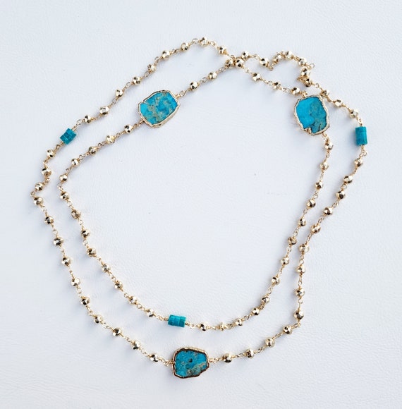 Turquoise and Pyrite Gemstone Necklace Gold, Long Beaded Gold Necklace, 30 Inch Necklace, No Clasp Necklace, Everyday Layering Necklace Gold
