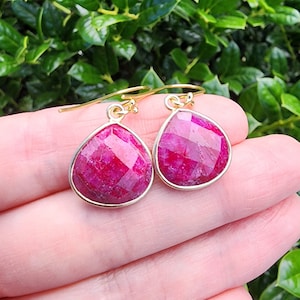 Ruby Gemstone Dangle Earrings Gold, Pretty Pink Ruby Teardrop Earrings, Small Ruby Dangle Earrings, July Birthstone Earrings, Ruby Jewelry