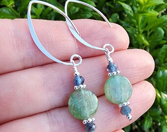 Green Kyanite Gemstone Earrings Sterling Silver, Moss Aquamarine, Circle Earrings, Blue and Green Gemstone Dangle Earrings, 2 Inch Earrings