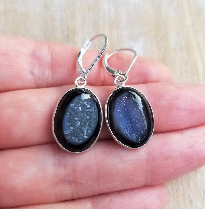 Black Agate Druzy Gemstone Earrings Black Agate Sparkly Earrings Small Black Oval Gemstone Earrings Sterling Silver Lever Back Earrings