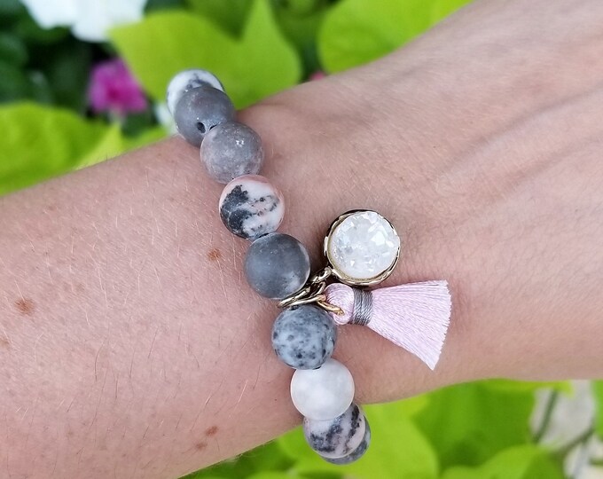 Pink Zebra Jasper Stretch Bracelet Pink and Black Gemstone Etsy