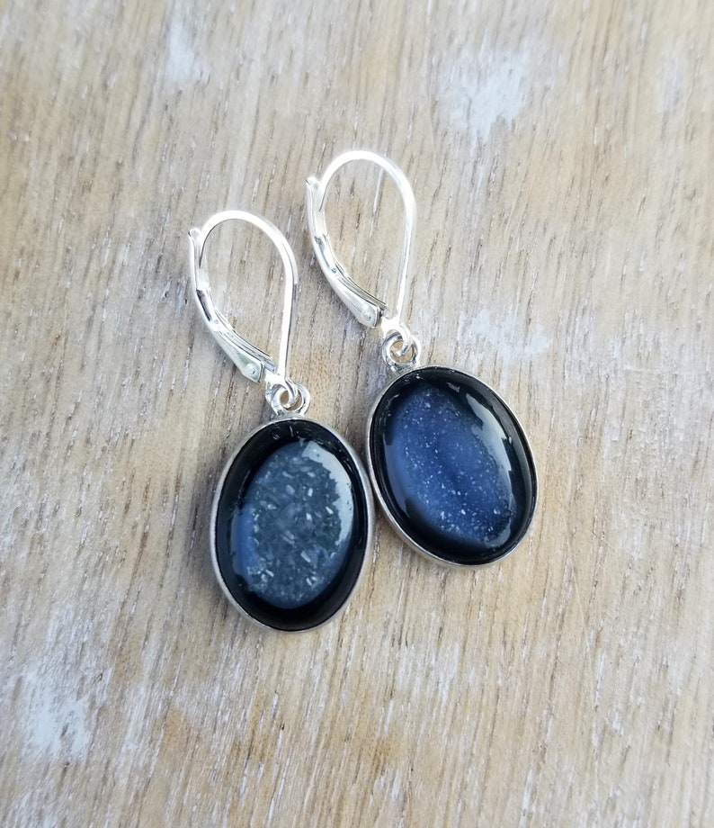 Black Agate Druzy Gemstone Earrings Black Agate Sparkly Earrings Small Black Oval Gemstone Earrings Sterling Silver Lever Back Earrings